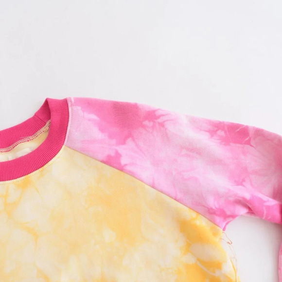 Warm  Fun Yellow & Pink Sunset Tie-Dye Laid Back Crewneck Sweater Sweatshirt XS - Picture 7 of 12